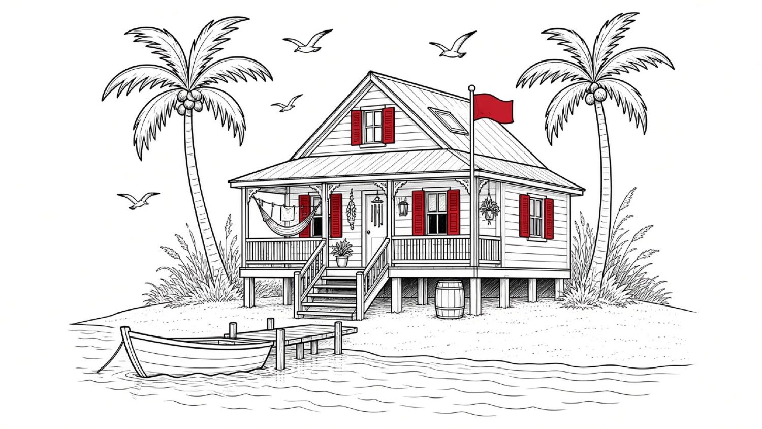Ink line drawing of a stilt beach house with red shutters and a red flag, palm trees, gulls, and a rowboat at a small dock