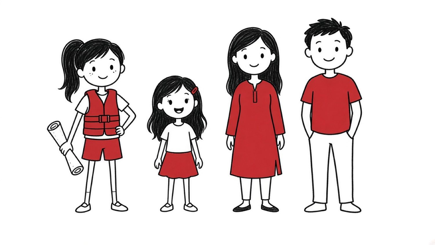 Ink line drawing of four smiling figures in red clothing standing side by side, one holding a rolled map