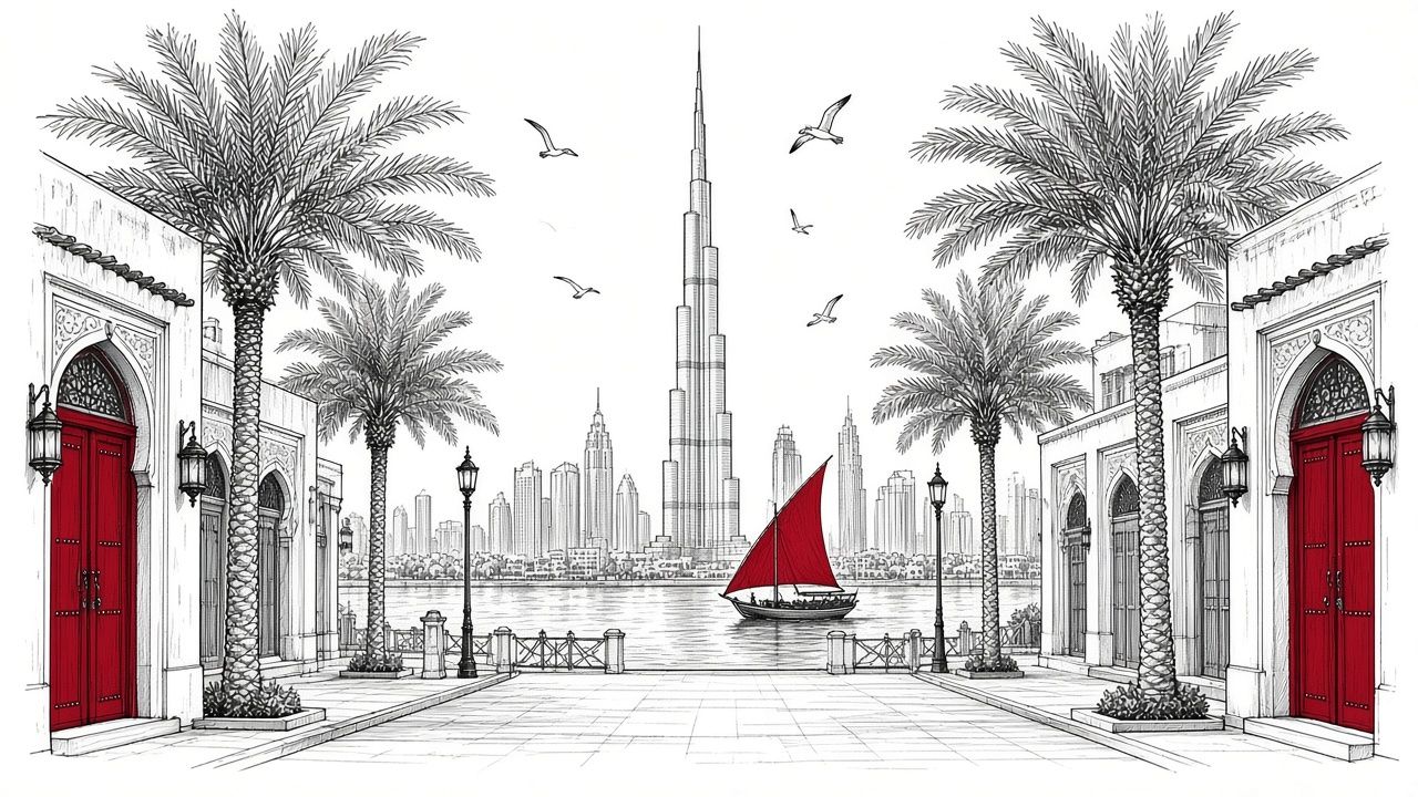 Ink drawing of Dubai: the Burj Khalifa rising over the creek, a dhow with a red sail, palm trees, and arched doorways with red doors