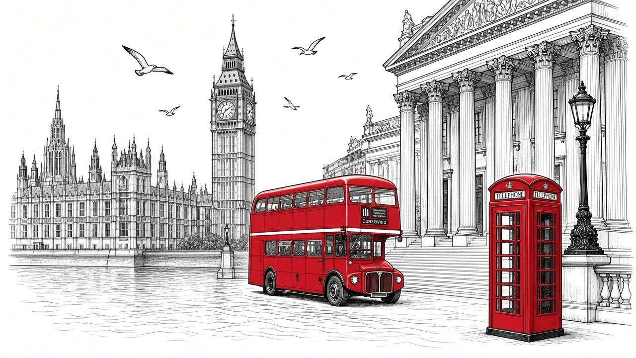 Ink drawing of London: Big Ben and the Houses of Parliament, a red double-decker bus, a red telephone box, and the columned front of a library