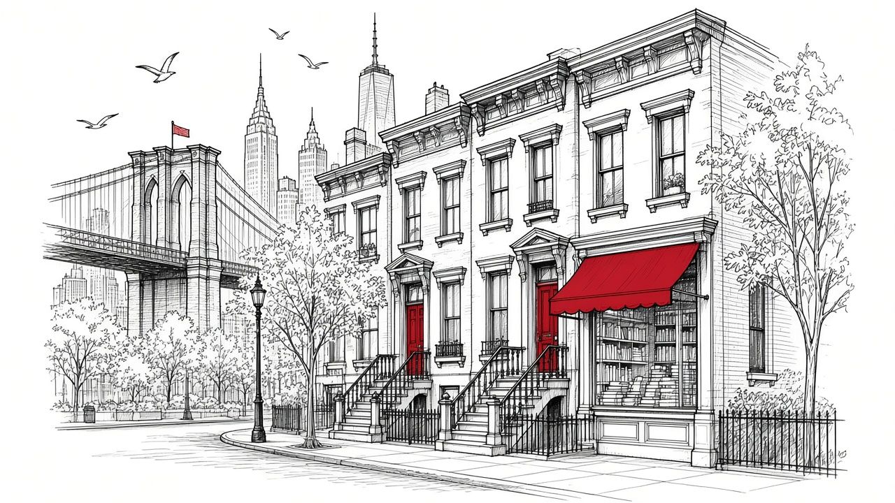 Ink drawing of a New York street: the Brooklyn Bridge and Manhattan towers beyond a row of brownstones with red doors and a bookshop under a red awning