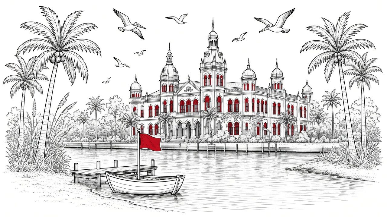 Ink drawing of Tampa: the minaret-topped Plant Hall beside the water, palm trees, gulls, and a rowboat at a dock flying a red flag